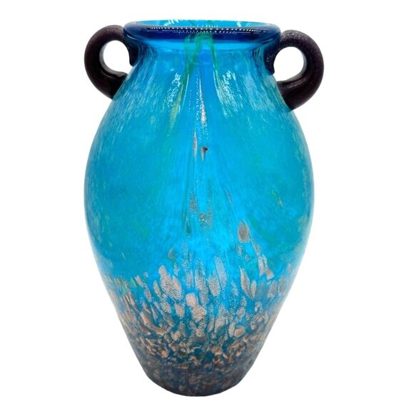 Dale Tiffany Favrile Art Glass Milano Amphora Blue 8" Urn Vase Copper Aventurine - Picture 3 of 6